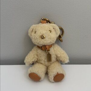 Coach Cream Teddy Bear Keychain with Gold Accents